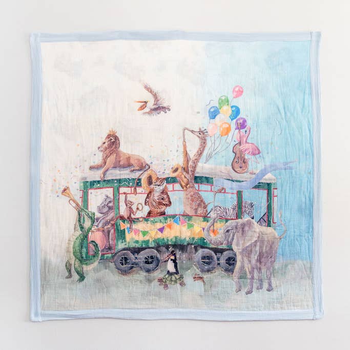 Organic Muslin Baby Blanket – New Orleans Jazz Zoo Parade for wholesale by Casey Langteau Art