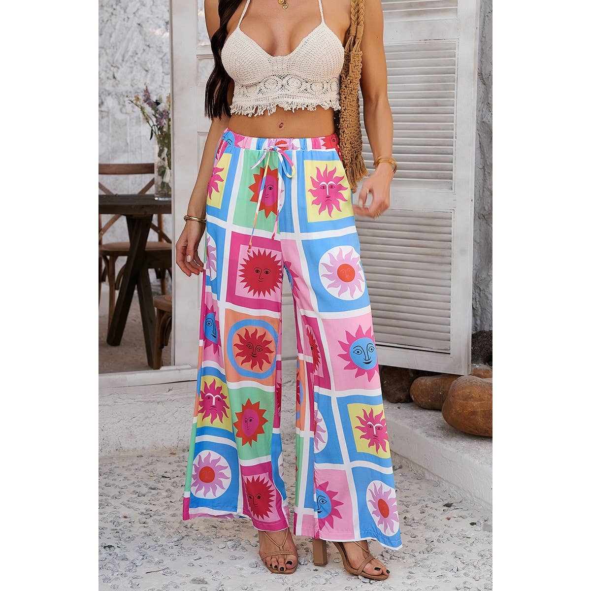 Elings - Wholesale Pants - Women's - Allover Print Drawstring Pockets Wide Leg Pants9