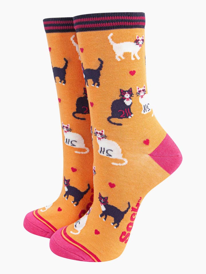 Women's Bamboo Socks - Orange, Cats and Love Hearts for wholesale by Sock Talk