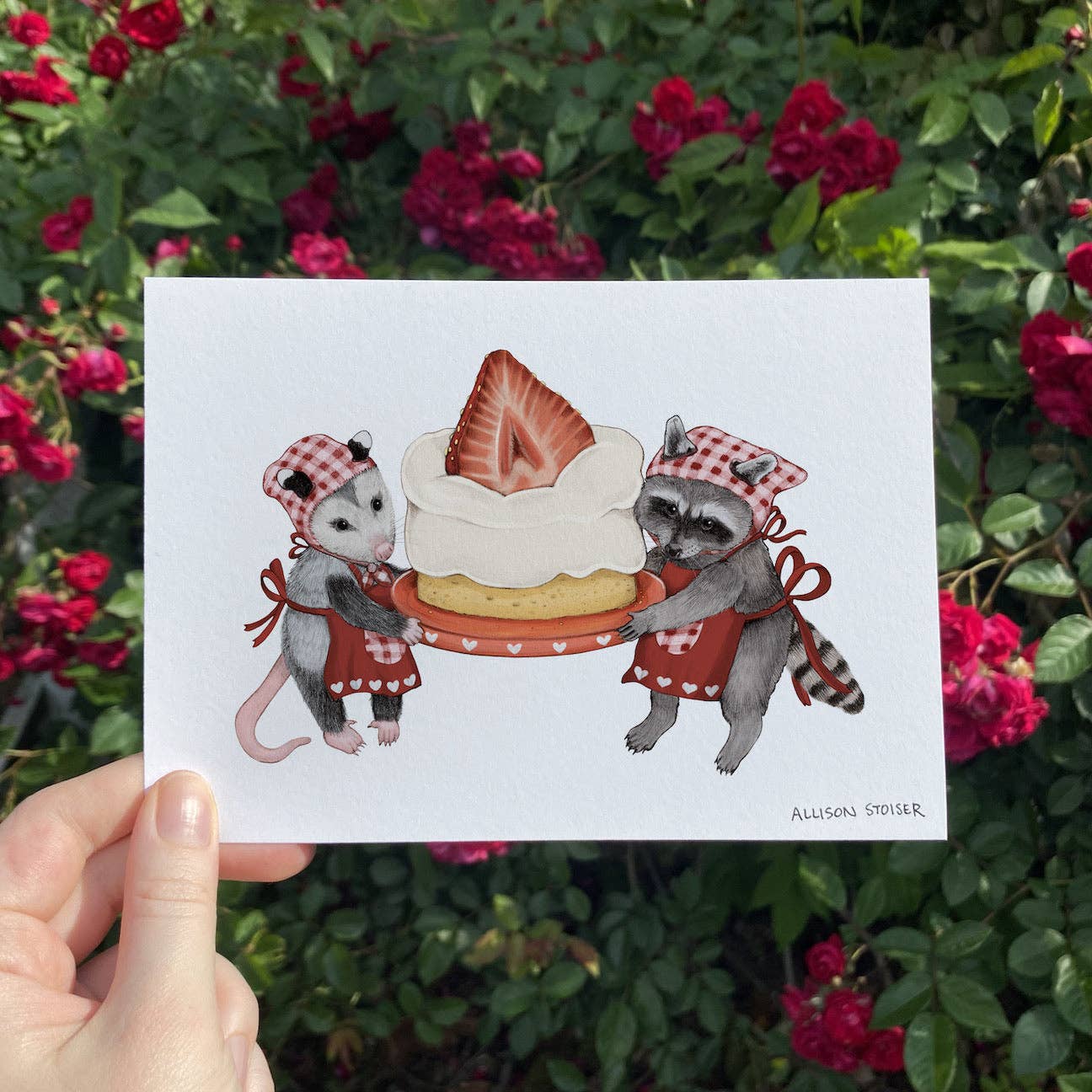 Allison Stoiser Art - Wholesale Art Print - Strawberry Cake Critters Opossum + Raccoon Art Print (5"x7")