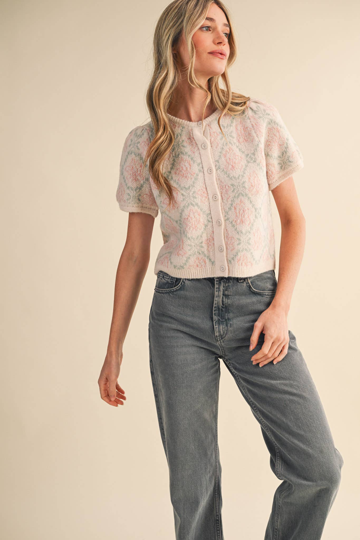 &MERCI - Wholesale Cardigan - Women's - FLORAL SHORT SLEEVE SWEATER CARDIGAN MSW1125848