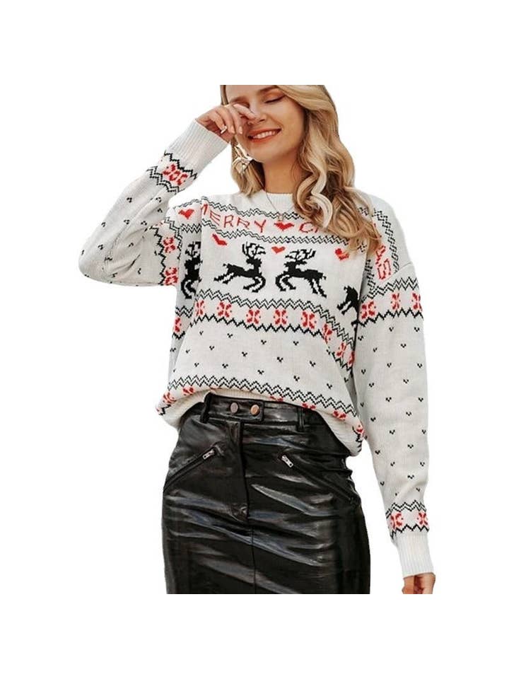 madeinclothinginc - Wholesale Knit Sweater - Women's - Wholesale Autumn Winter Women Loose Crewneck Christmas Fawn Knit Pullover Sweater
