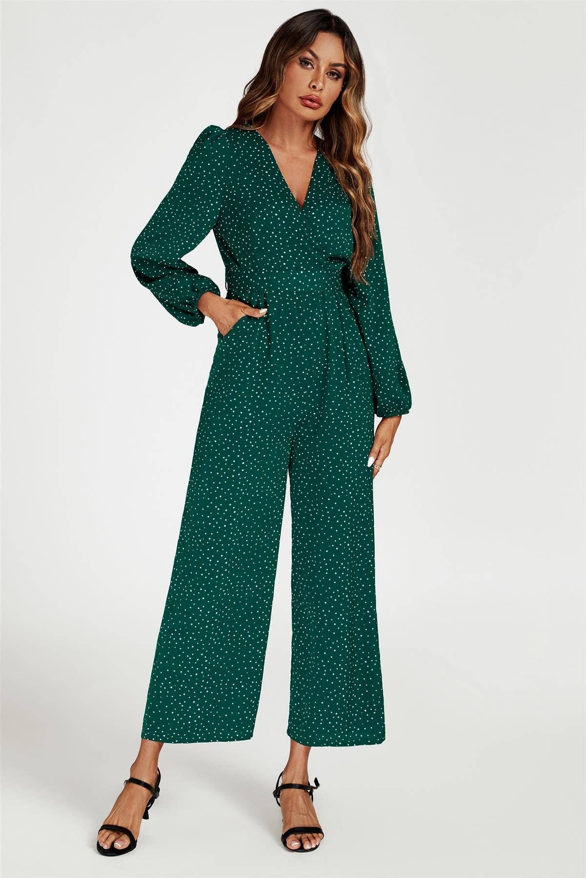 Dot Print Wrap Jumpsuit In Green for wholesale on Faire1