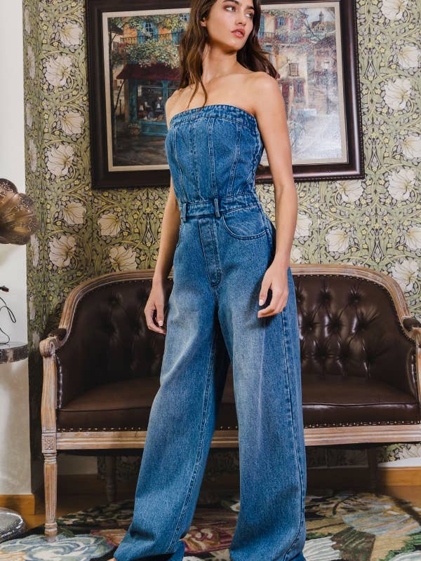 IR5267 Corset Style Strapless Denim Jumpsuit for wholesale by BUCKETLIST INC