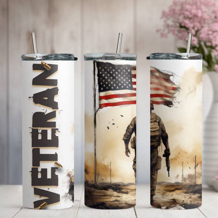Veteran Stand Tall in Dust Storms 20oz Skinny Tumbler for wholesale by Honey Jar Creations