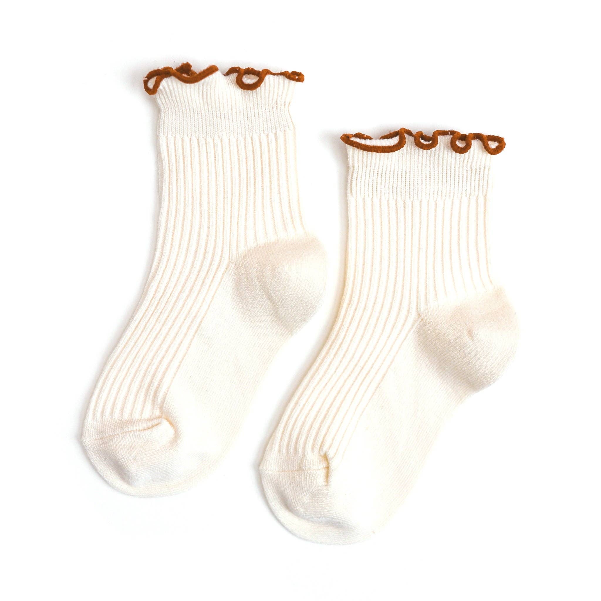 Little Stocking Co. - Wholesale Socks - Kids & Baby - Ribbed Lettuce Trim Midi Socks - Ivory/Sugar Almond