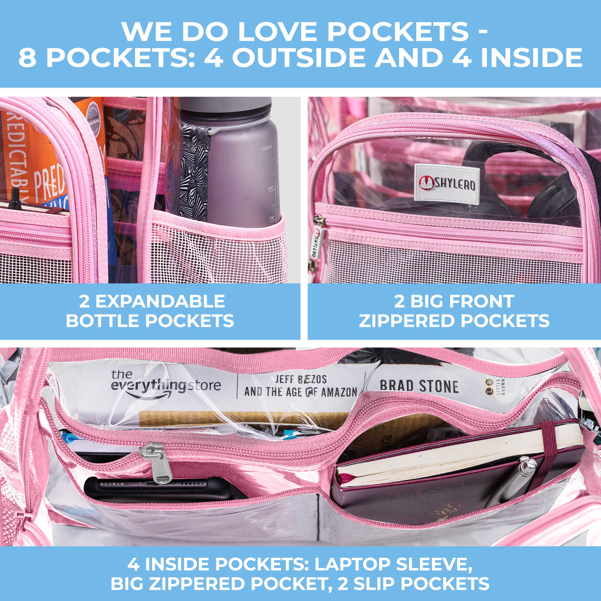 Rhinocéros rose Sac à dos transparent pour école XL | Fermeture éclair supérieure YKK® | Pink Rhino en vente sur Faire7