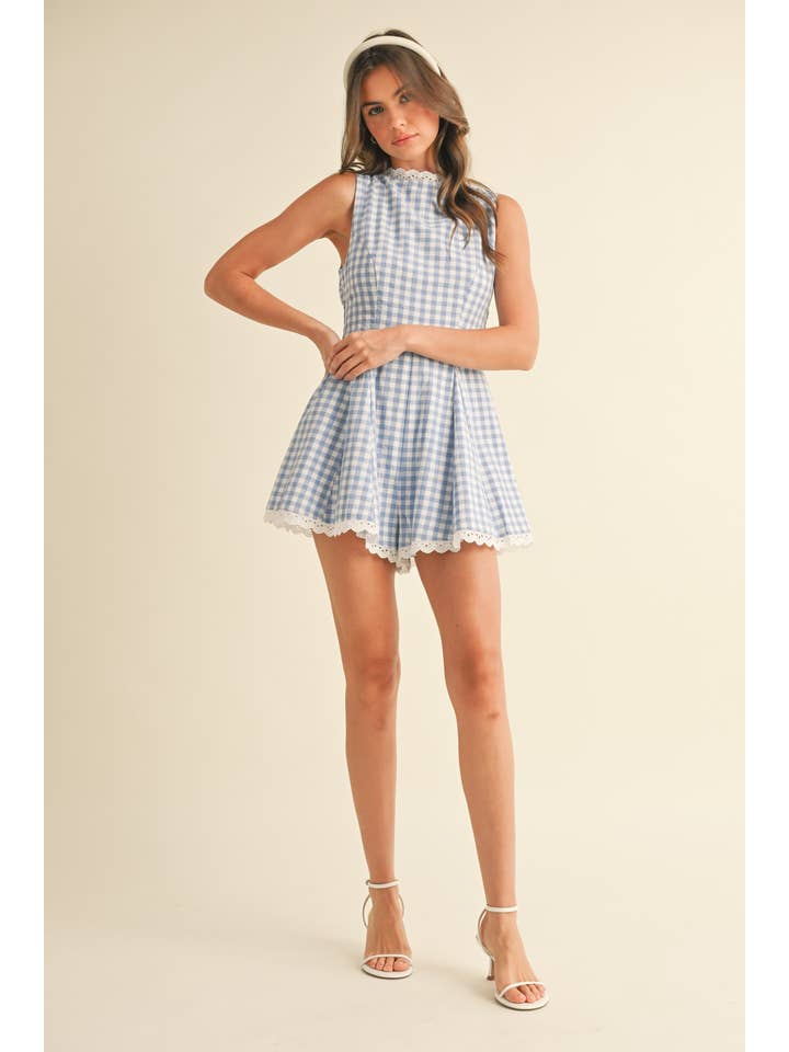 Klesis - Wholesale Romper - Women's - IR2203 SLEEVELESS GINGHAM LACE TRIM ROMPER