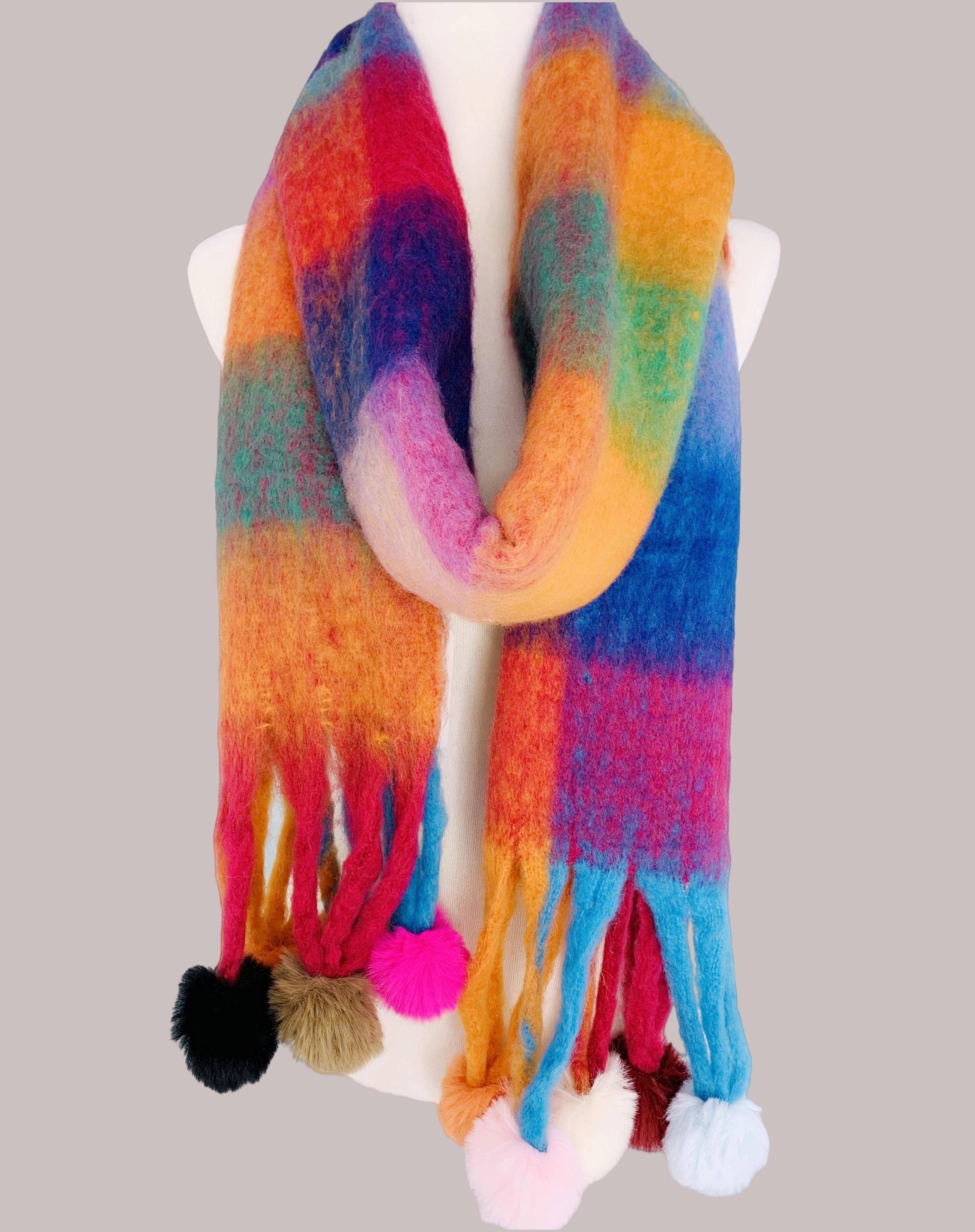 JC Sunny Fashion – wholesale Scarf – Women's – JC023504 Colorful Plaid Fuzzy Pompom Scarf0