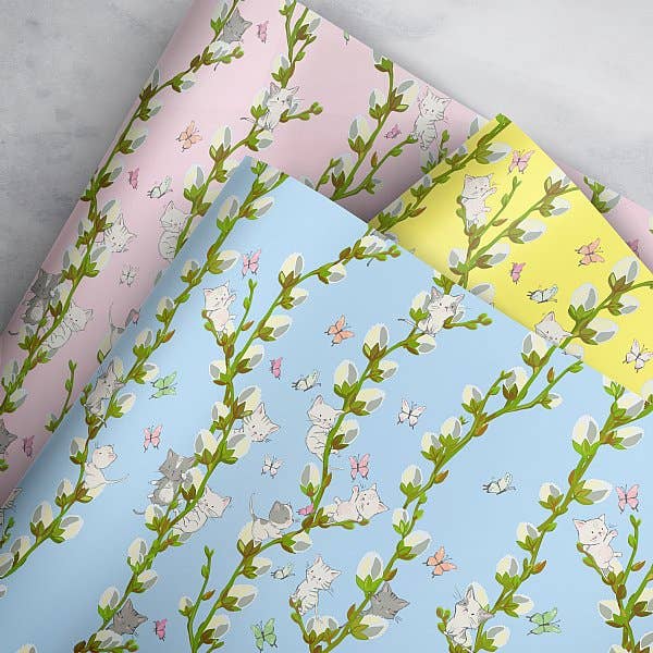Pussy Willow Kitty Cat Gift Wrap for wholesale by Loralee Lewis