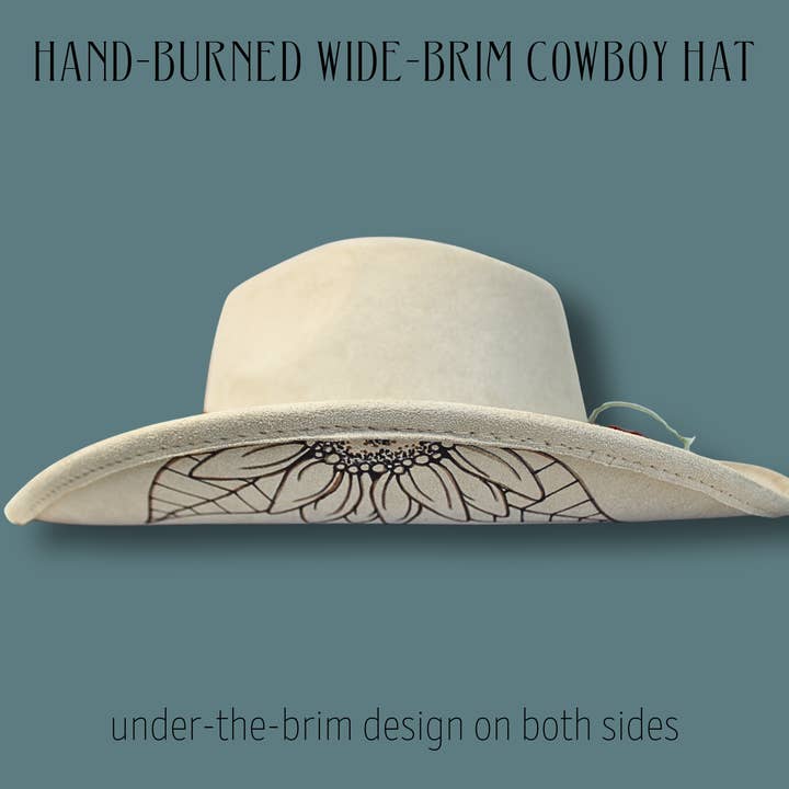 Sunflower Wide Brim Cowboy Hat – Hand-Burned Western Hat with Adjustable Fit | Boho Floral Cowboy Hat Handmade in Illinois for wholesale by Wildflowers and Barley