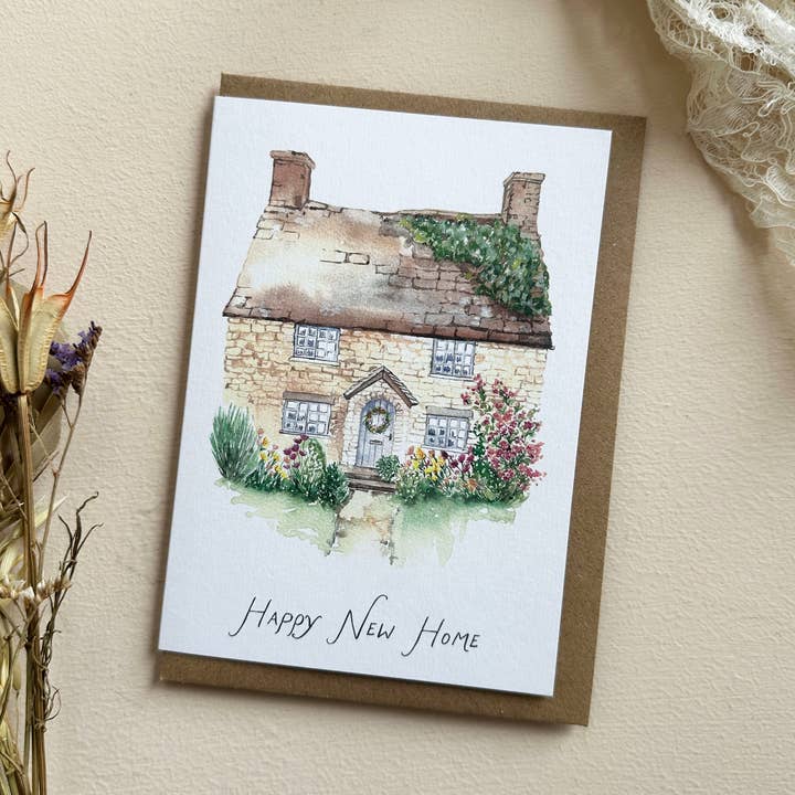 Hand-Painted Cottage New Home Card for wholesale by Katie Hipwell Design