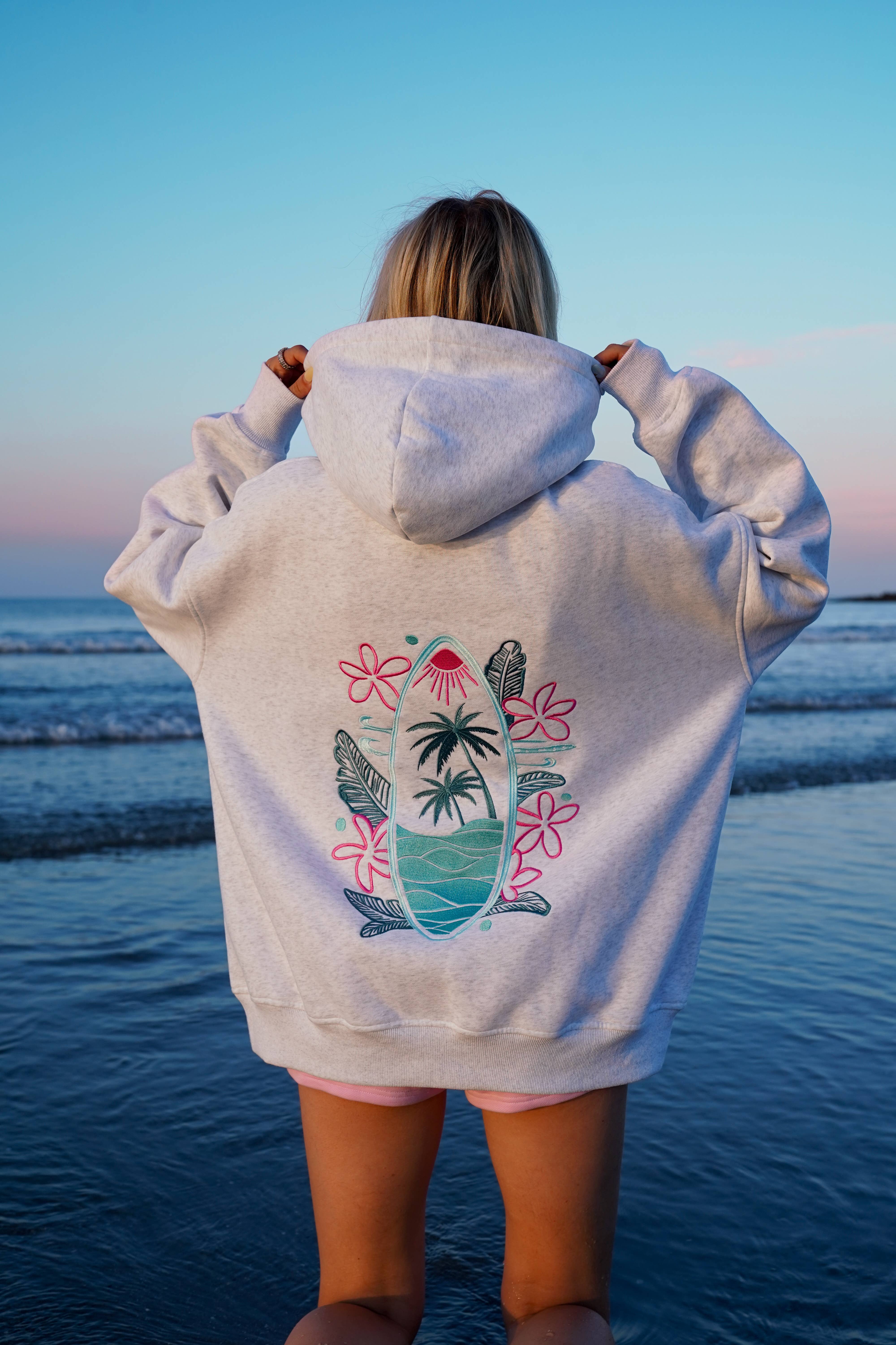 Pearl Grey Surfing The Waves Embroider Hoodie for wholesale on Faire16
