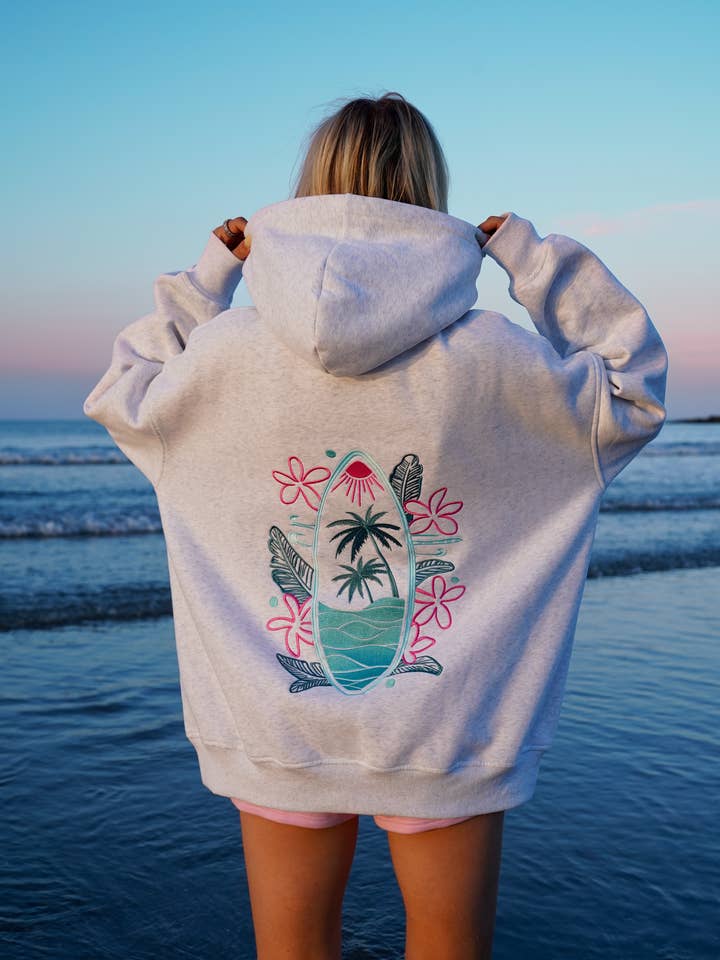 Pearl Grey Surfing The Waves Embroider Hoodie for wholesale on Faire16