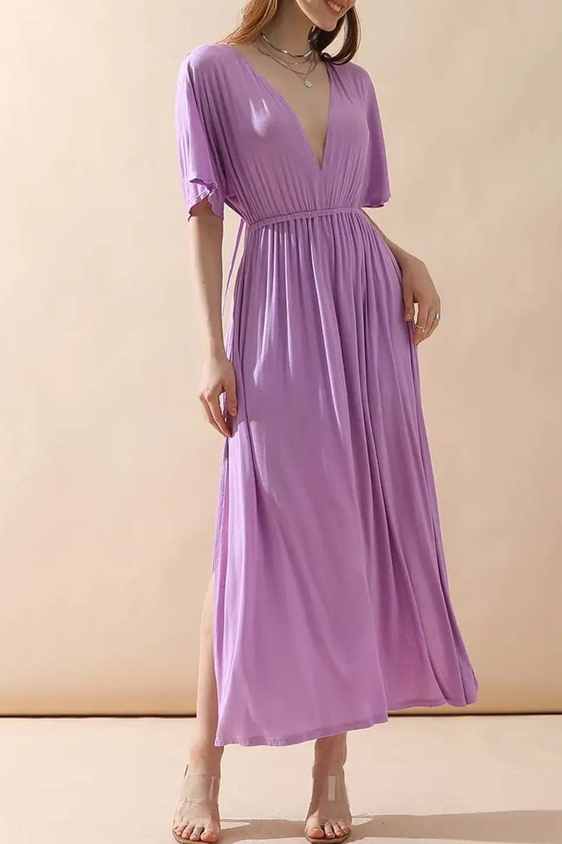 ACCITY - Wholesale Dress - Women's - V-Neck Short Sleeve Back Bow Empire Dress2