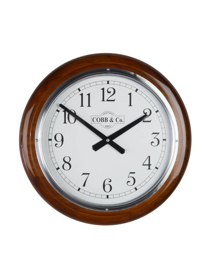 Large Railway Clock - Gloss Oak Arabic - Brushed Chrome for wholesale by Cobb & Co