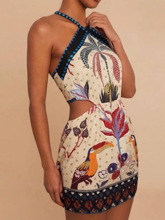 Decor Halterneck Palm Tree Print Boho Cutout Mini Dress for wholesale on Faire2