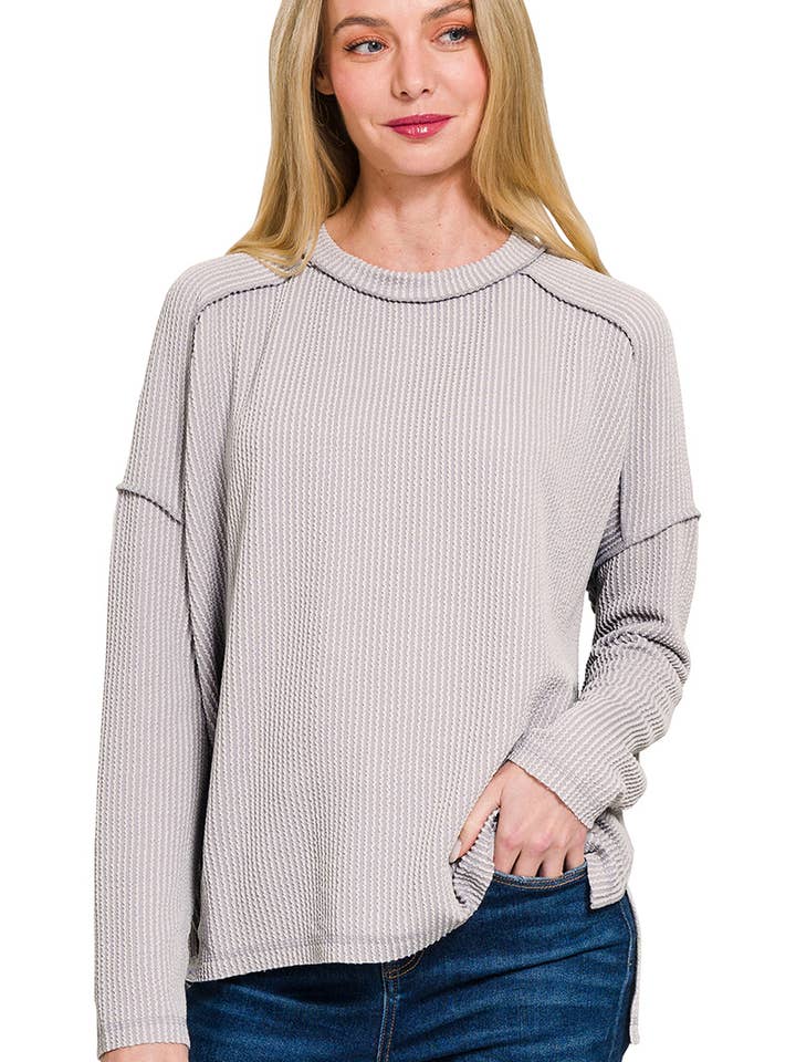 ...._ 0816 Corded Rib Raw Edge Long Sleeve Top SI-25499 for wholesale by 42POPS