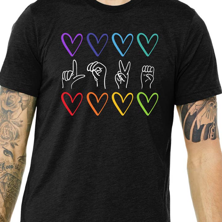 Rainbow Sign Language Love T-Shirt for wholesale by RainBee Designs, LLC