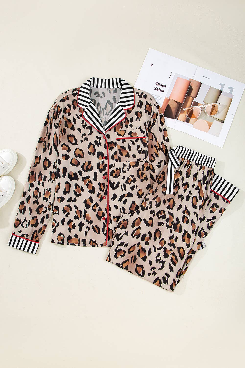 Khaki LAS Leopard Striped Edge Shirt and Pants Pajama Set (S-4X) for wholesale on Faire5