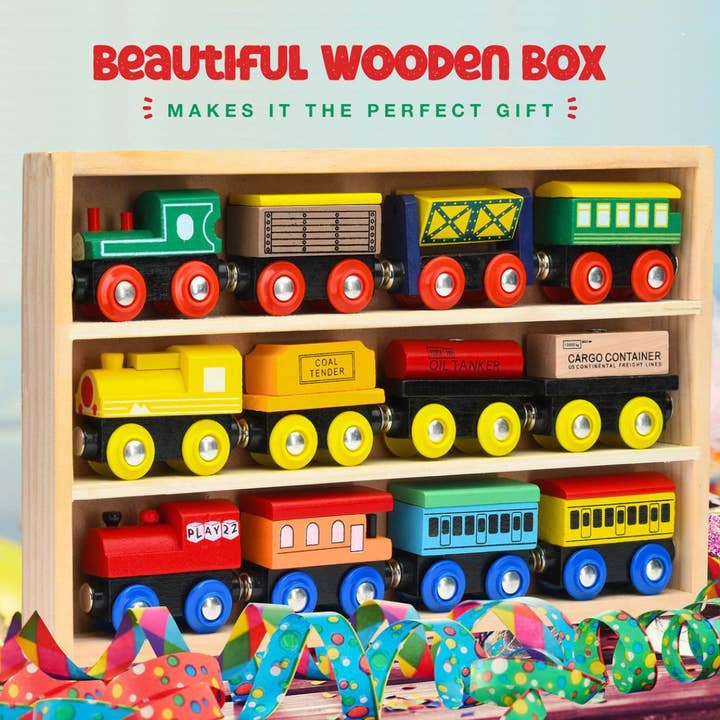 Play22 - Vendita all'ingrosso Set di giocattoli - Bambini - "Set di Treni in Legno 12 Pezzi - Motrici Magnetiche e Giocattoli"