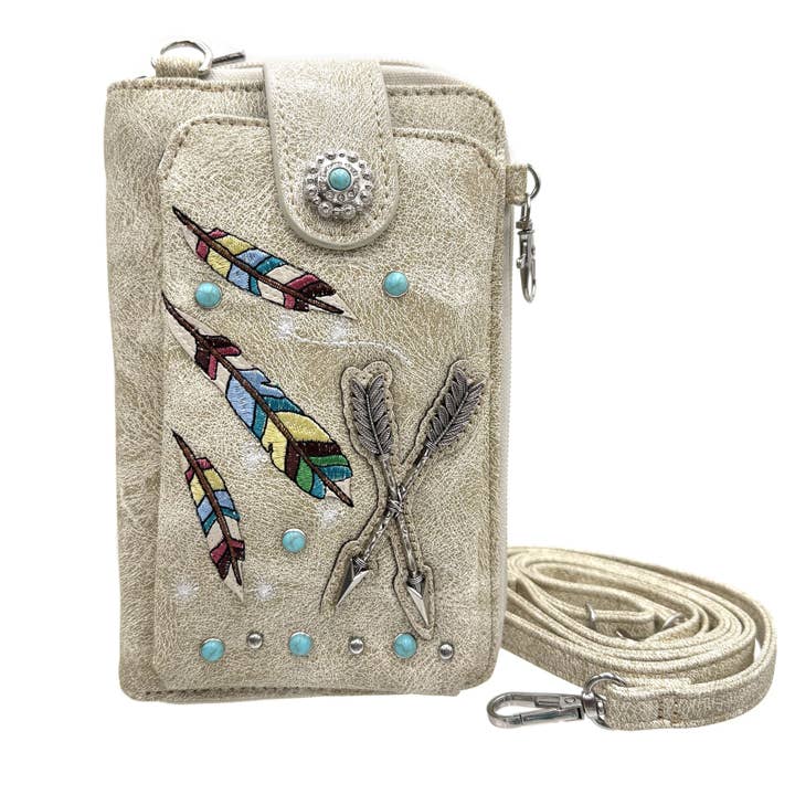Arrows and Embroidered Feather Western Crossbody Phone Wallet for wholesale by Lunar Deer