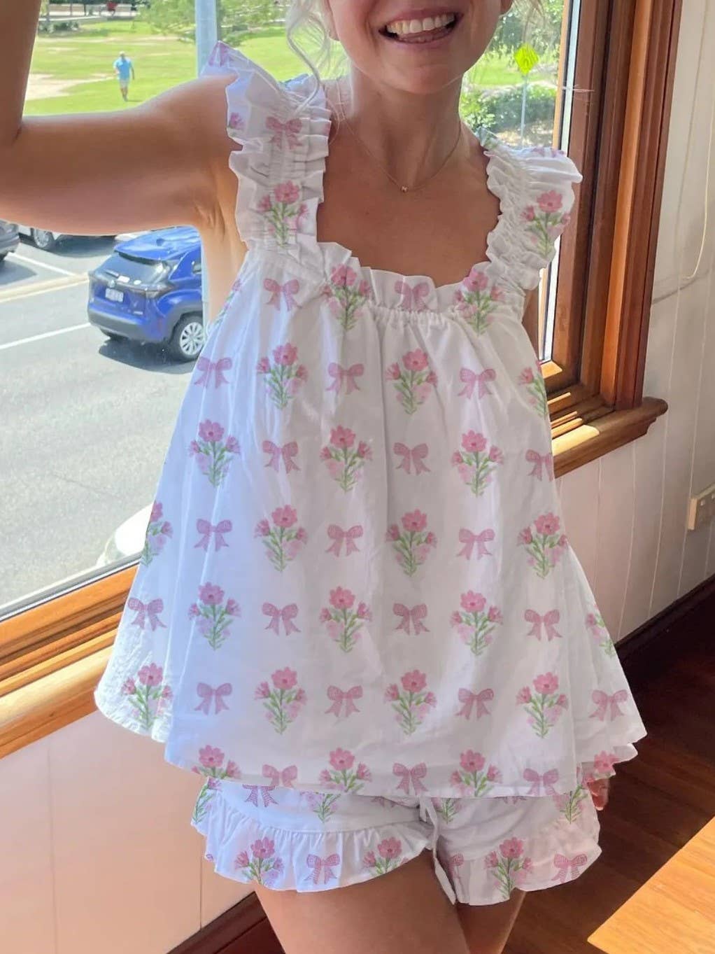 Rosa Clothing - Wholesale Top & Short Set (NOT Loungewear) - Women's - Floral & ribbon bow print ruffled tank top shorts set8