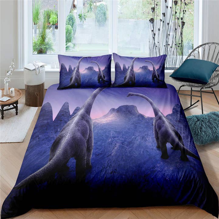 Dinosaurie Lila Påslakanset Sci-Fi Överkast, Sovsal sängkläder med örngott för wholesale av daintyduvet
