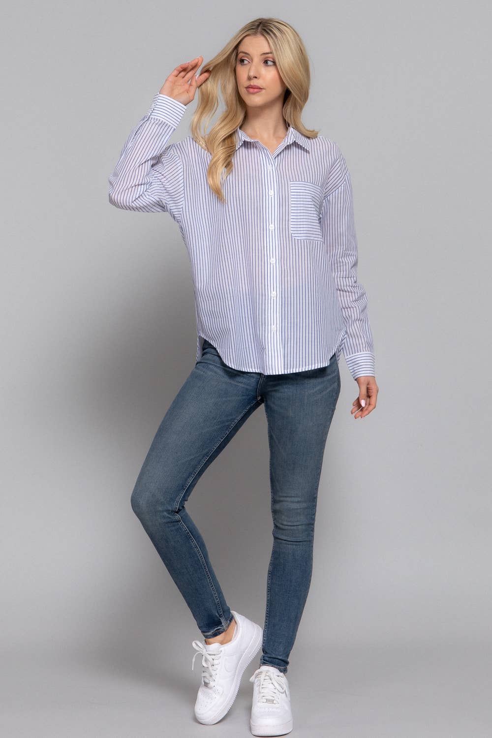 Active Basic | Active USA - Wholesale Button Down Shirt - Women's - Long Sleeve Y/D Stripe Voile Shirt9