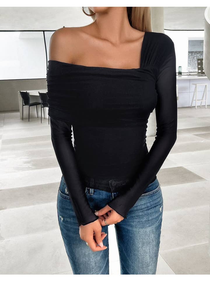 Miss Sparkling - Wholesale Knit Top - Women's - Long sleeve one shoulder blouse