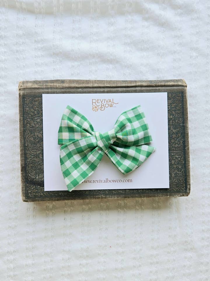 Large Pinwheel Bow on Clip • Vintage Green Gingham for wholesale by Revival Bow Co.