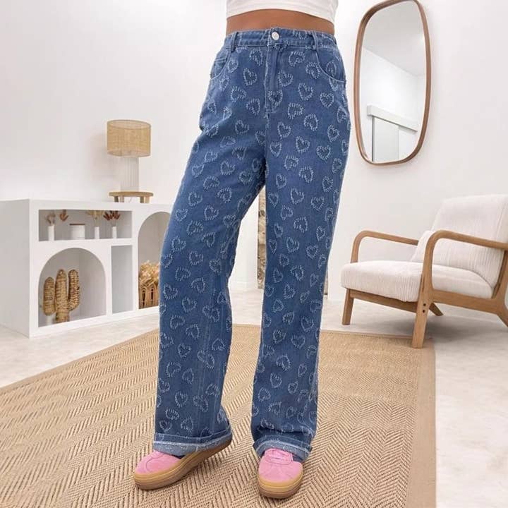 LOVE HOOK FLORAL JEANS WASH STRAIGHT LEG PANTS for wholesale by Lily Clothing