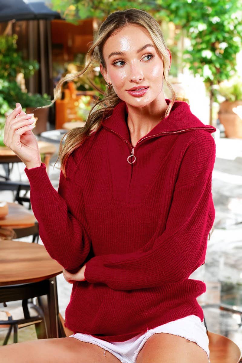 Vine & Love - Vente Pull en maille – femme - Pull tricoté à manches longues et demi-fermeture éclair à col VT6053610