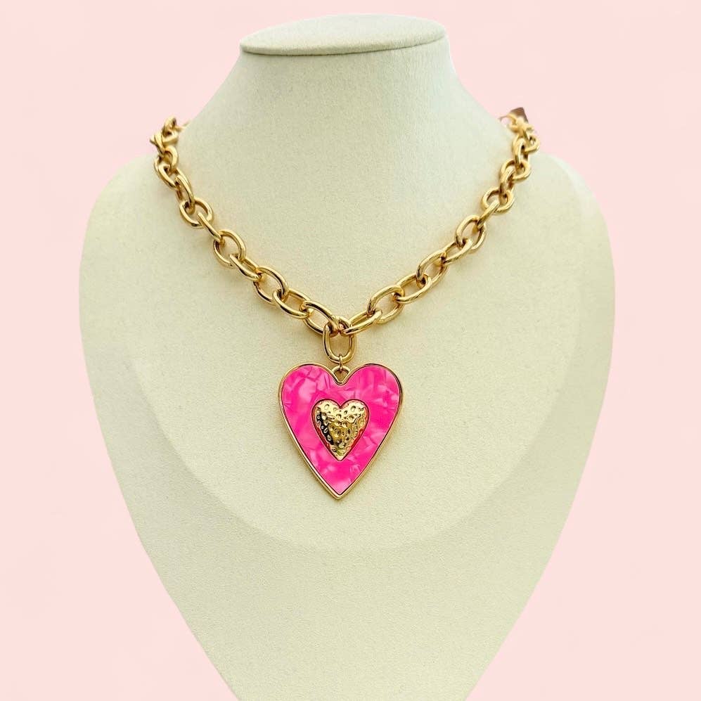 Huracan – wholesale Hänge-/berlockhalsband – Rosabella halsband med stora länkar i rostfritt stål och rosa hjärta1