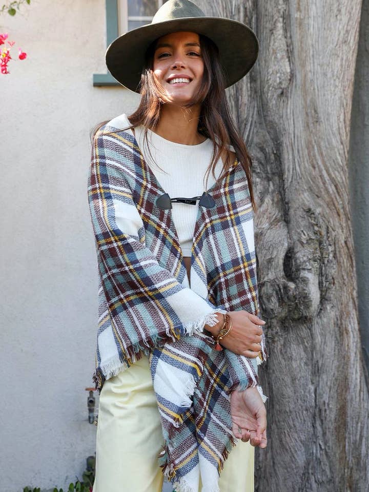 Classic Flannel Poncho with Toggle Closure for wholesale by Leto Accessories