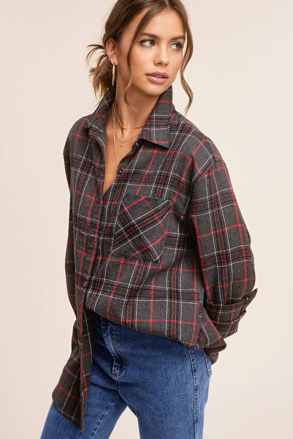 La Miel - Wholesale Button Down Shirt - Women's - SRT1312-Loose Fit Button Down Soft Fabric Plaid Shirts18