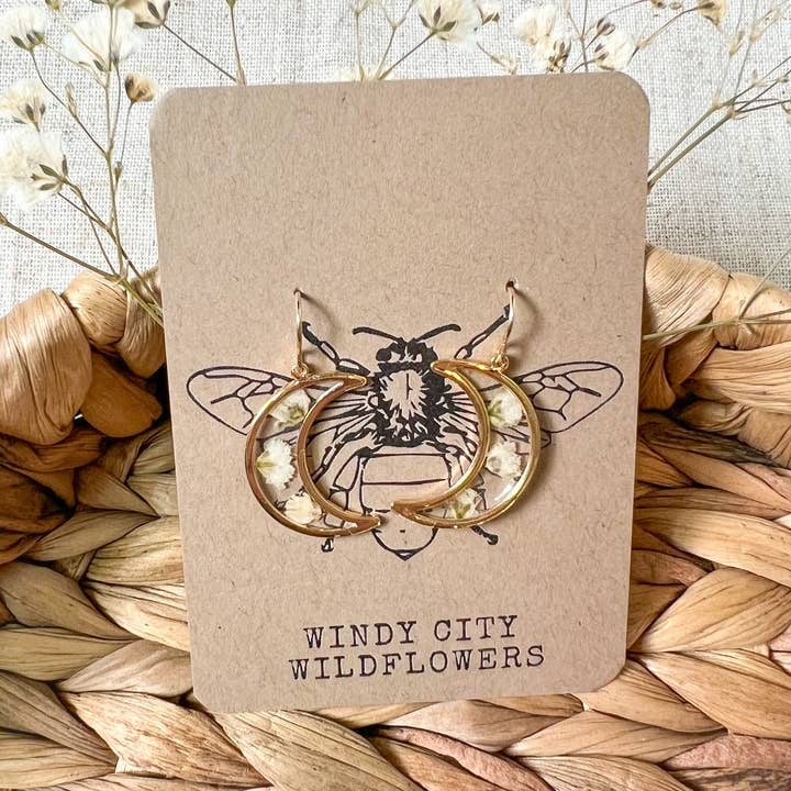 Pressed Flower Earrings Gold Moon Earrings Baby's Breath for wholesale by Windy City Wildflowers