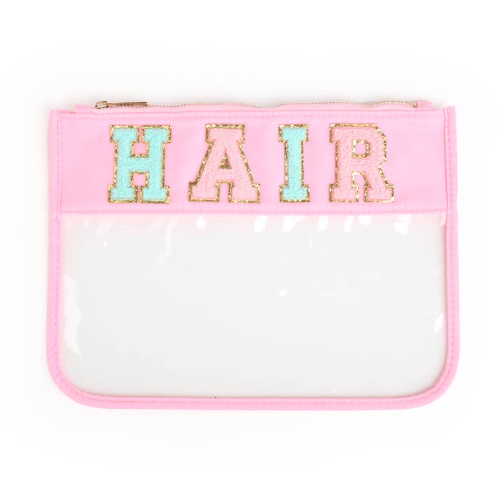 Varsity Letter Patch Clear Zippered Pouch Bag - HAIR for wholesale by The Spotted Zebras