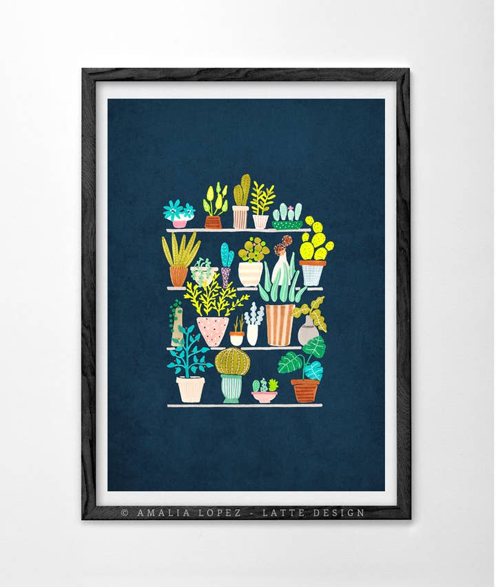 Pots and plants on blue Art Print. Botanical print for wholesale by Latte Design
