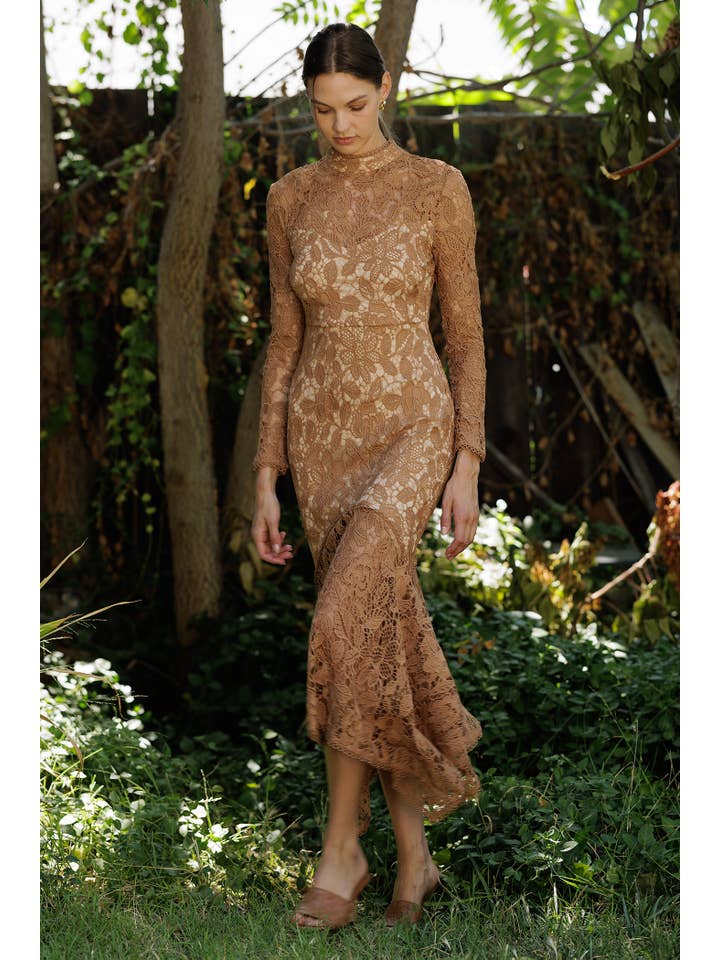 Endless Blu - Wholesale Dress - Women's - Floral Lace Mock Neck Midi Dress13