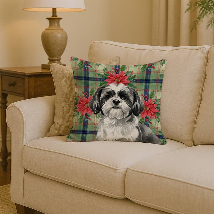 Black and White Shih Tzu Christmas Poinsettas Pillow 14x14 for wholesale by Caroline's Treasures