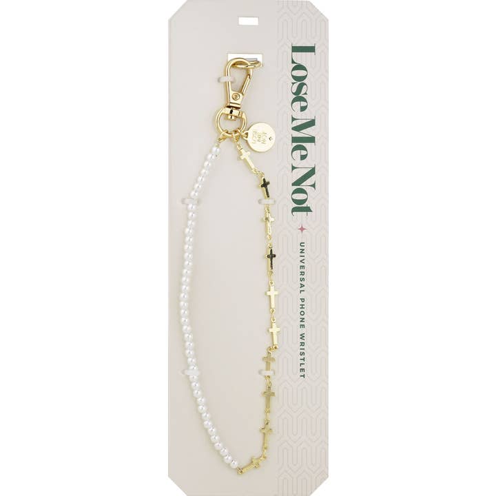 Lose Me Not: Gold Cross & Pearl Phone Wristlet for wholesale by Center Court