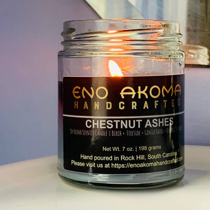Chestnut Ashes scented soy blend candle for wholesale by Eno Akoma Handcrafted