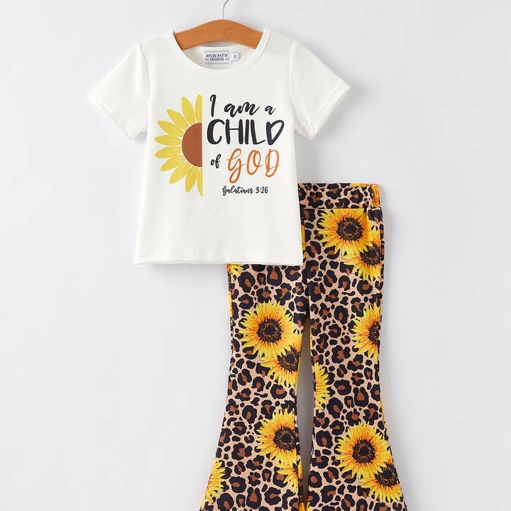 Spring and Summer Sunflower Leopard Print Girls Suit for wholesale by Grassy Creek Designs