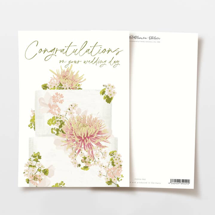 Wildblumen Atelier – Engroshandel Bryllupskort – Bryllupskort med kage og blomster, FSC-certificeret