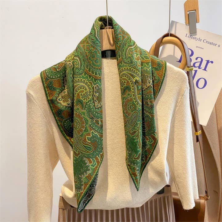 2023 Winter Mulberry Silk Wool Blend Scarf/70*70 CM Hand Hemming Scarf/Vintage Double-Sided Paisley Print Winter Warm Shawl/Gift For Her for wholesale by SueSilkHK