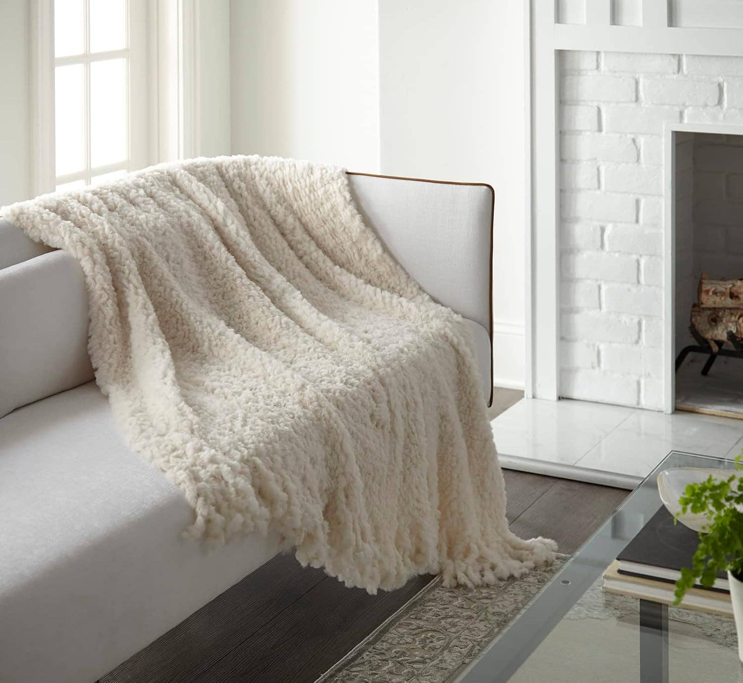 Crafted by Catherine - Wholesale Throw Blanket - Ivory Fringe Trim Knit Faux Rabbit Fur Throw 50" x 60"3