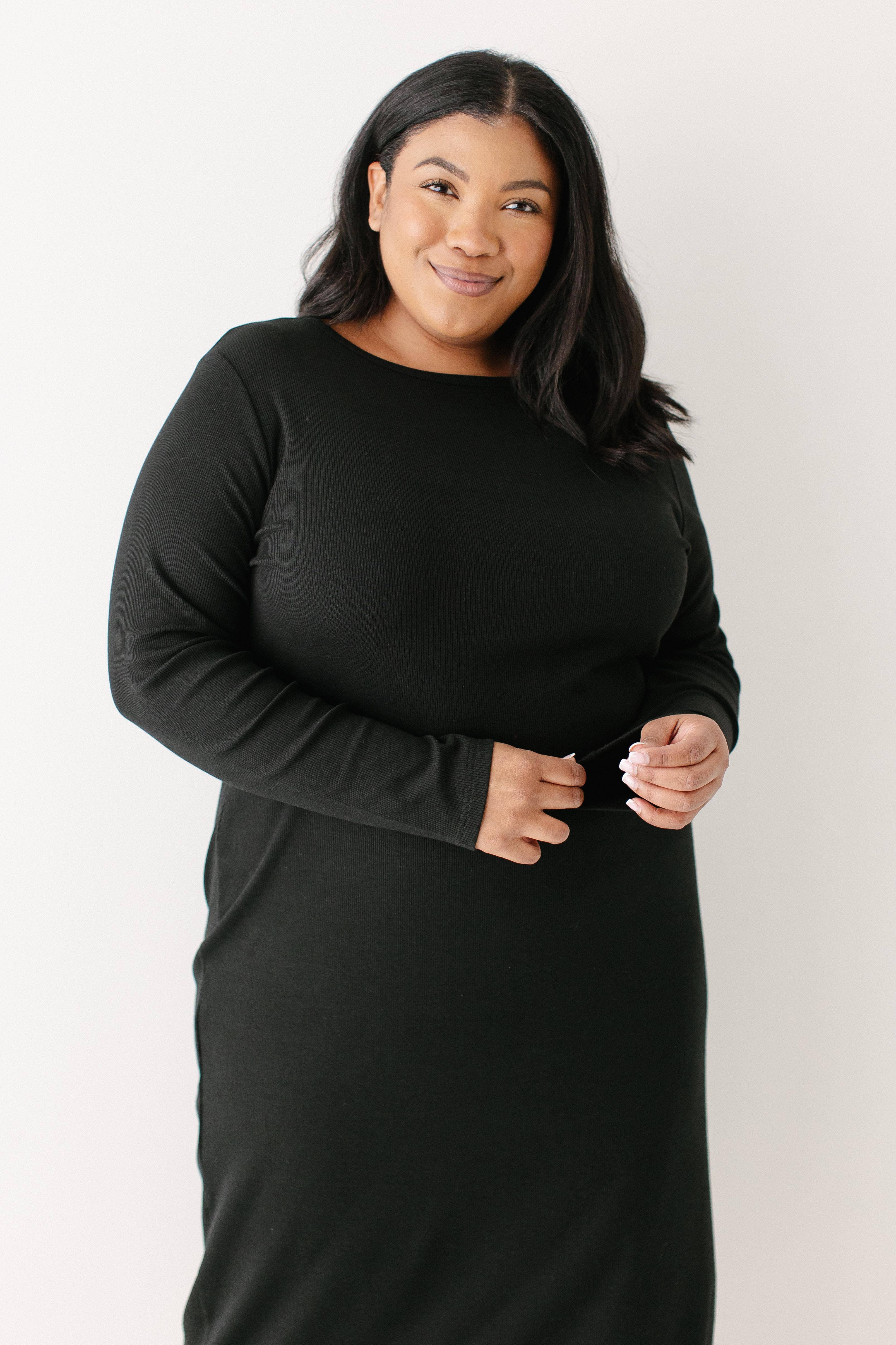 Black 'Constance' Bamboo Blend Ribbed Long Sleeve Midi Dress for wholesale on Faire1