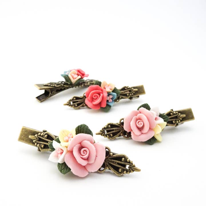Porcelain Flower Barrettes | Flower Hair Clips | Bronze for wholesale by Accessory Alchemy