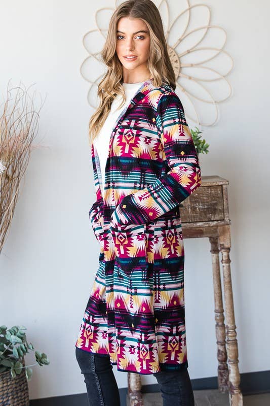 EJ6708-10 HOOD MULTI COLOR AZTEC SHACKET WITH POCKET for wholesale on Faire5